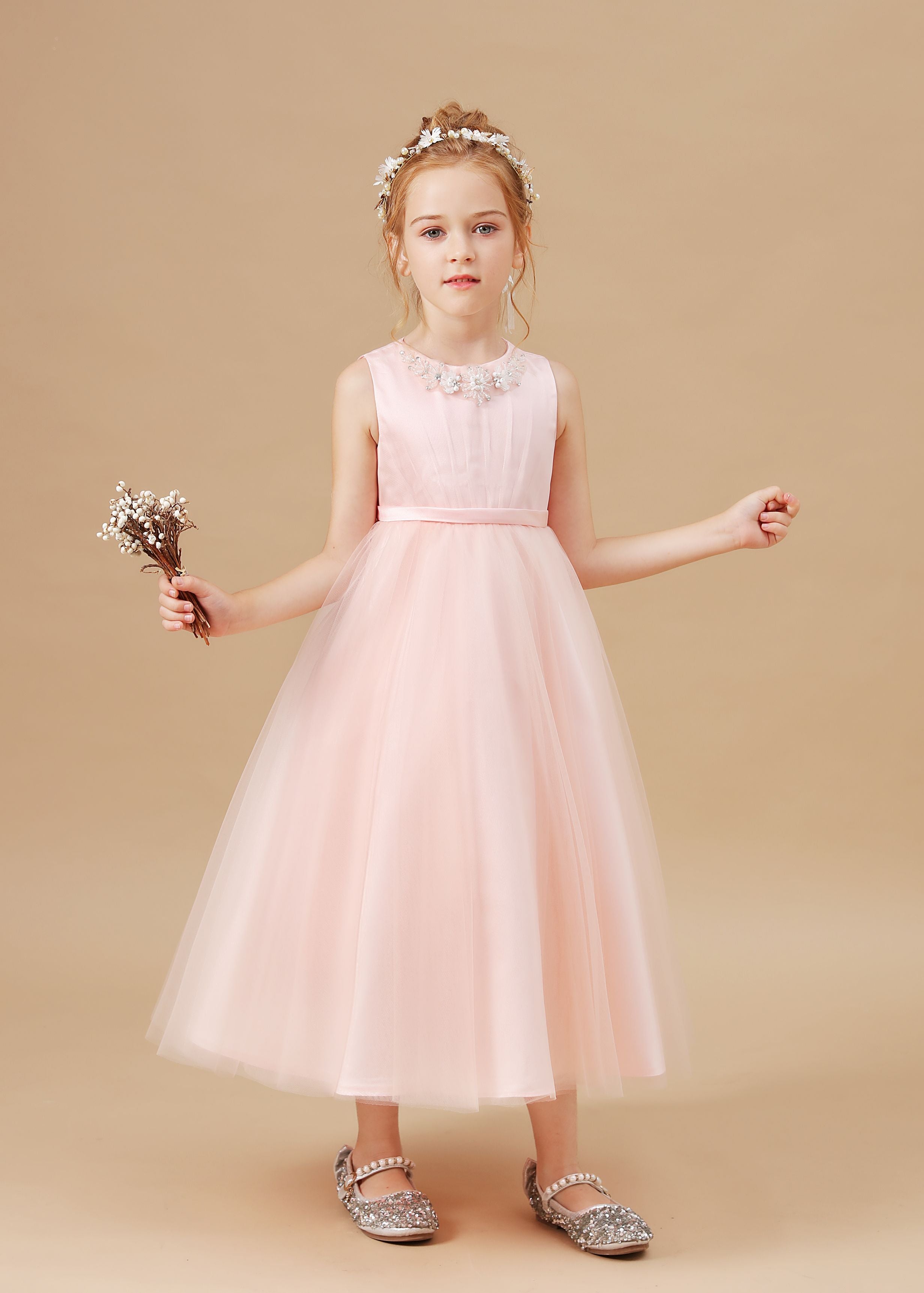 Sleeveless Applique Tulle Crepe Satin Flower Girl Dresses With Bowknot