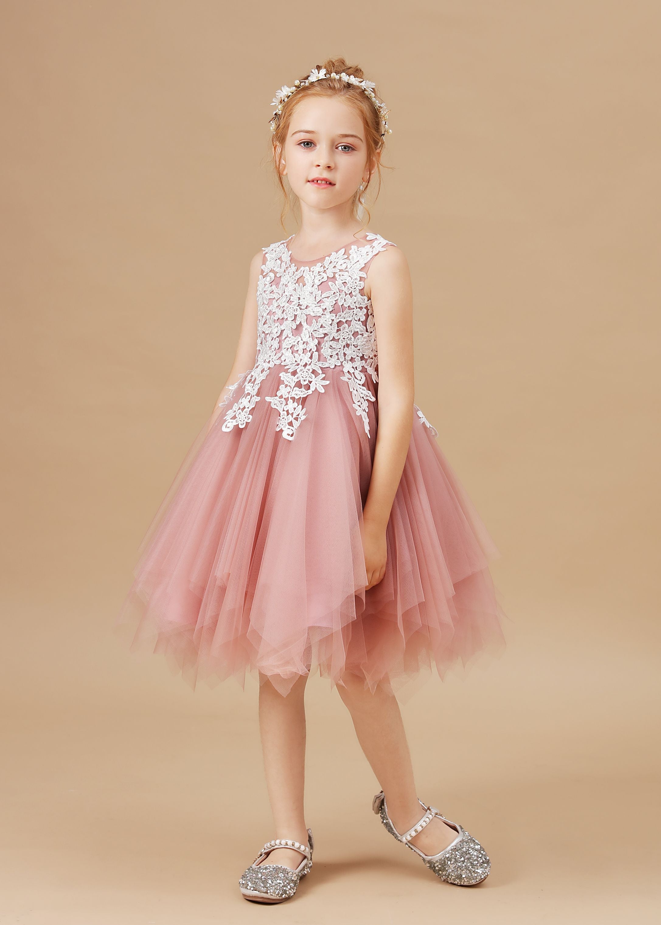 Chic Asymmetrical Sleeveless Applique Tulle Flower Girl Dresses