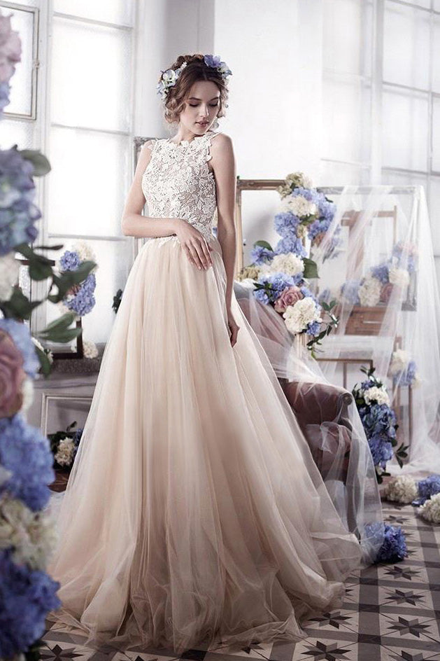 Charming Top Lace Sleeveless Tulle Long Wedding Dresses