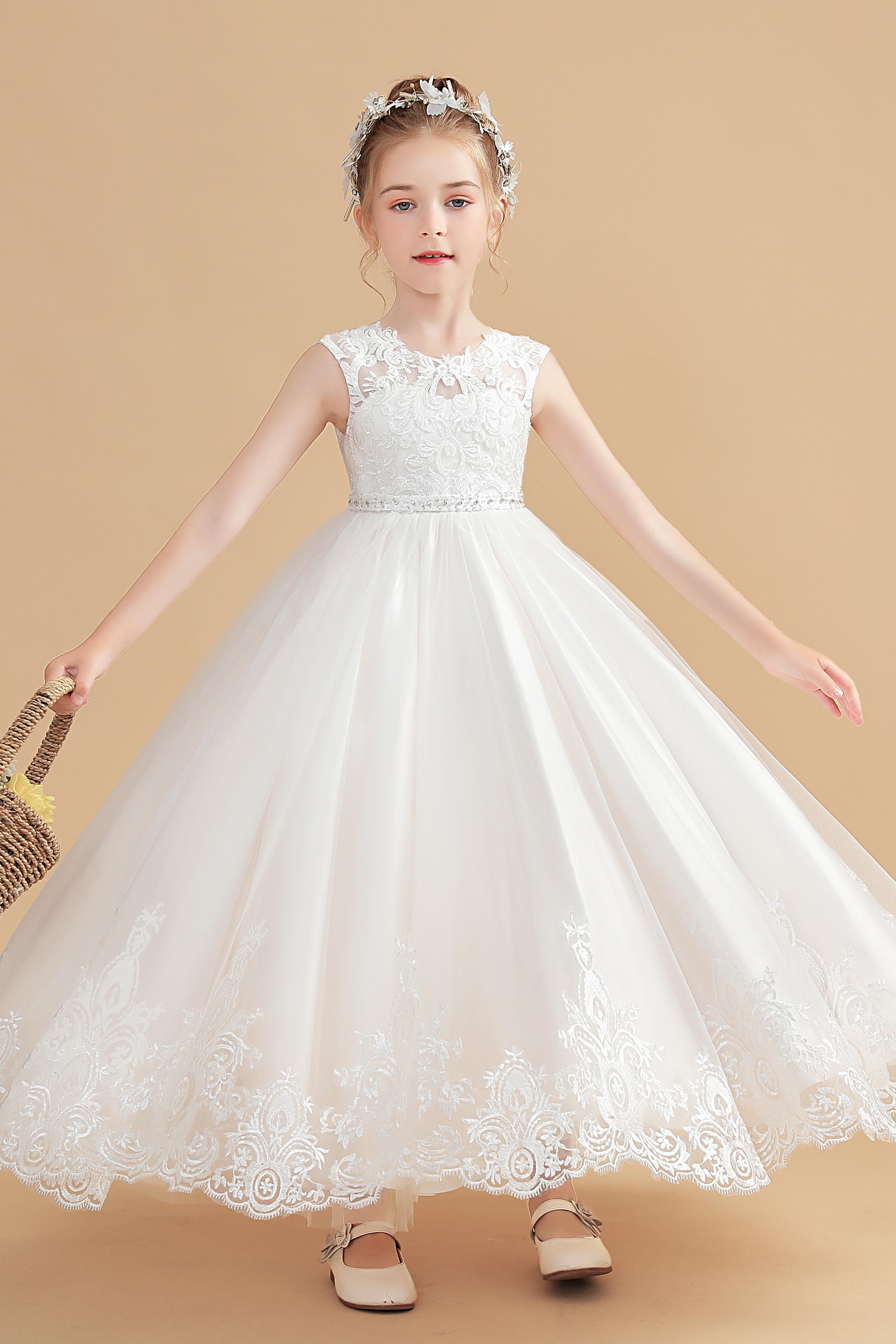 Cute Cap Sleeves Ivory Tulle Flower Girl Dresses With Beading