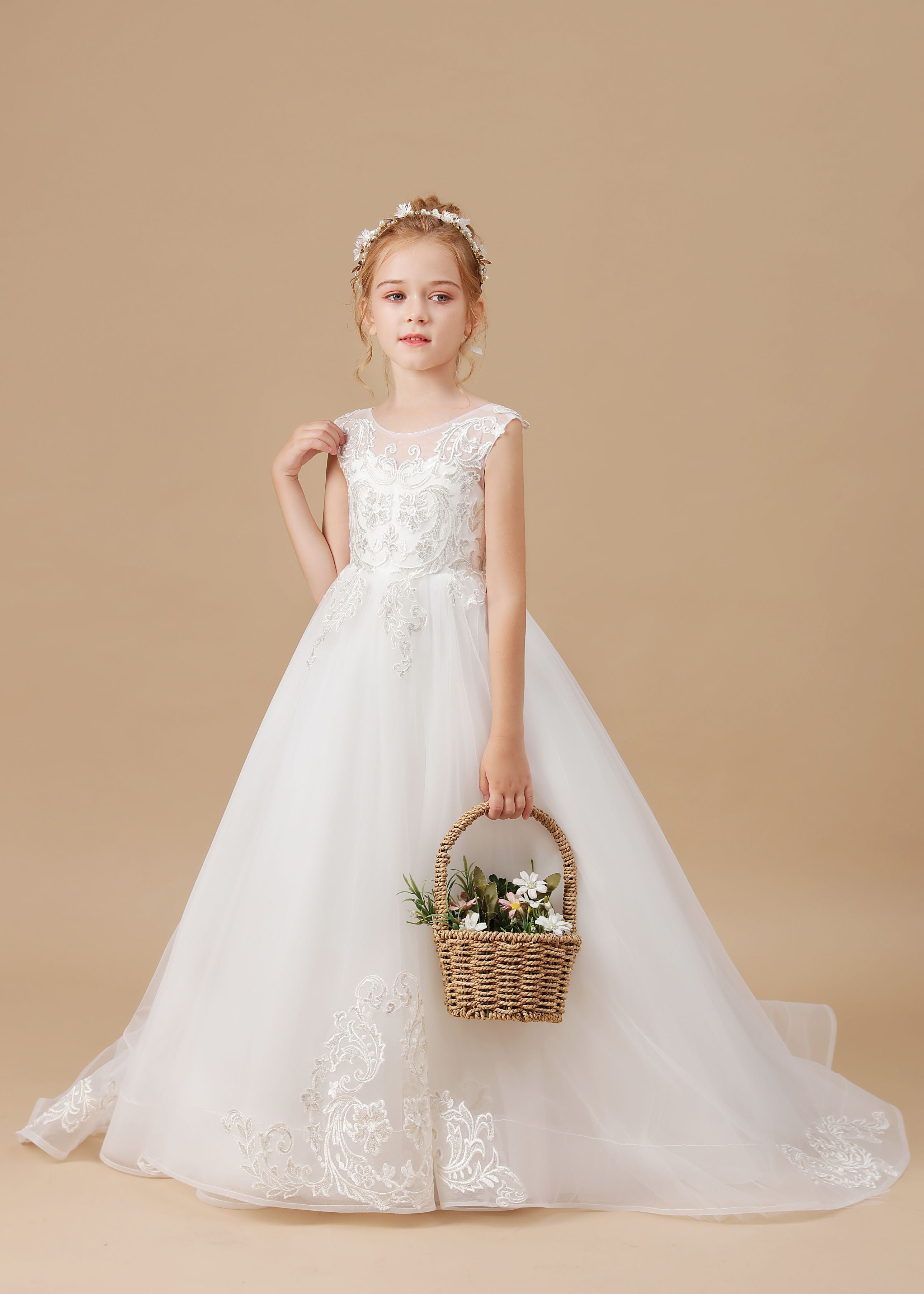 Ivory Sleeveless Applique Sweep trailing Multi-Layer Tulle Flower Girl Dresses