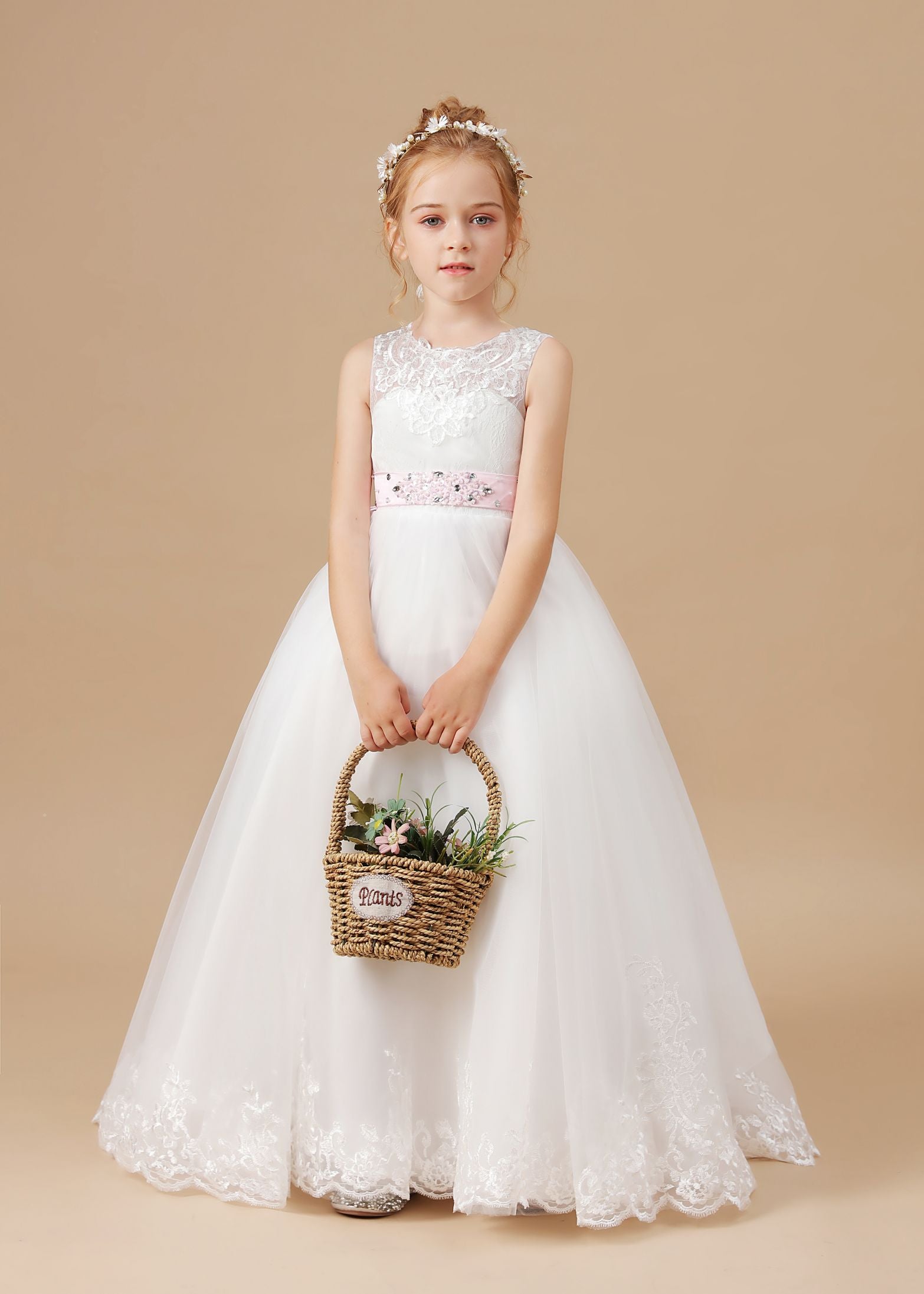 Floor-length Sleevelesss Lace Tulle Satin Flower Girl Dresses With Pink Bowknot Sash