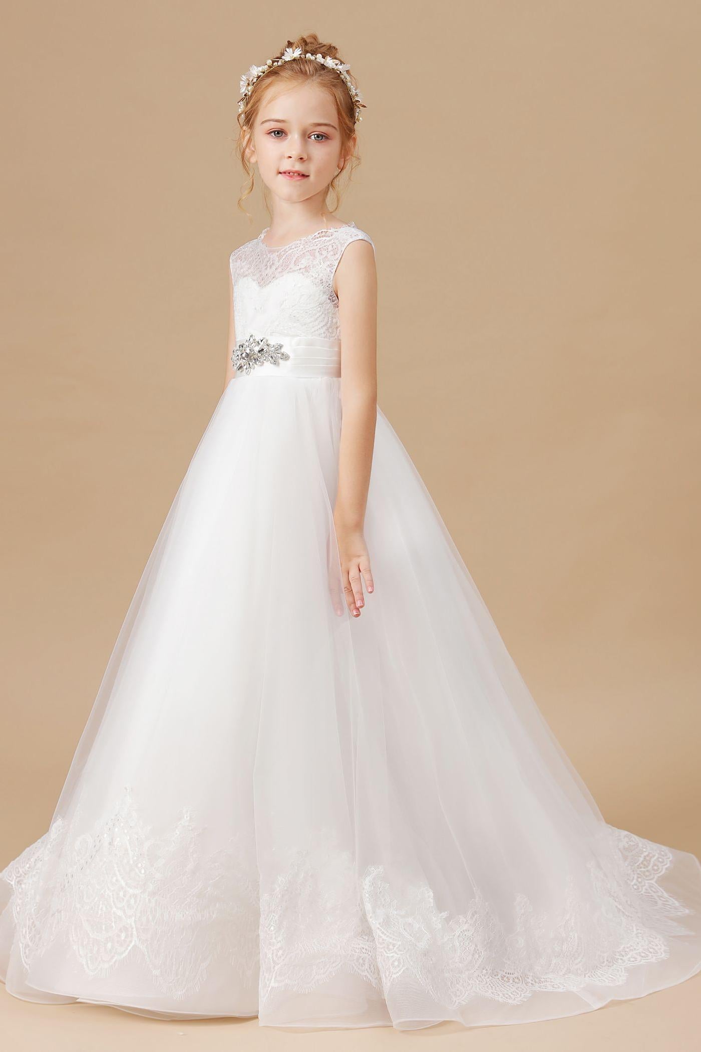 Floor-length Sleevelesss Lace Tulle Satin Flower Girl Dresses