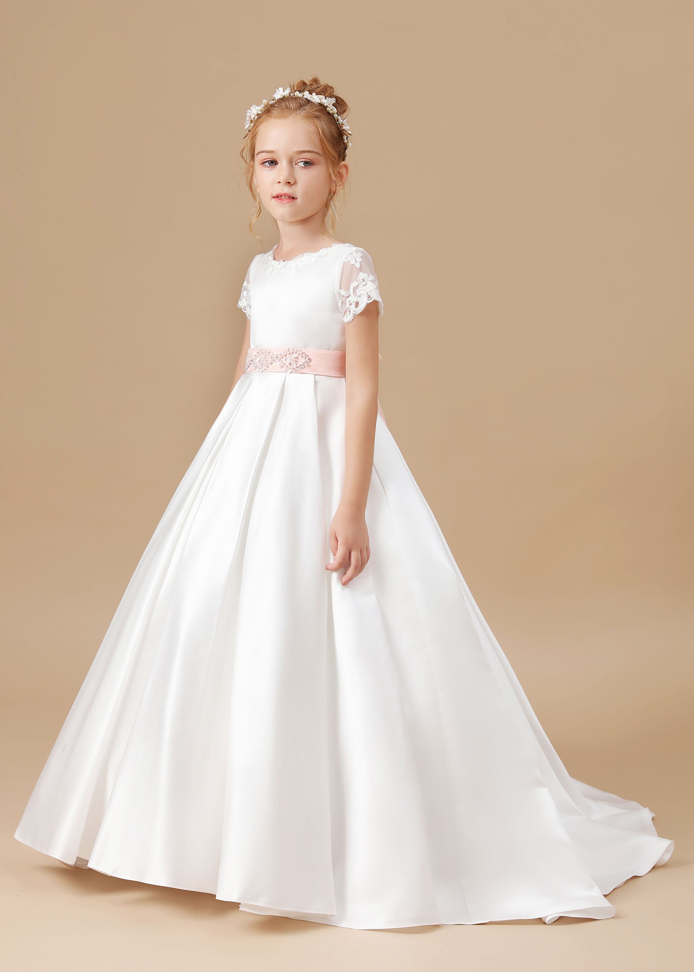 Ivory Floor-length Lace Satin Flower Girl Dresses With Pink Bowknot