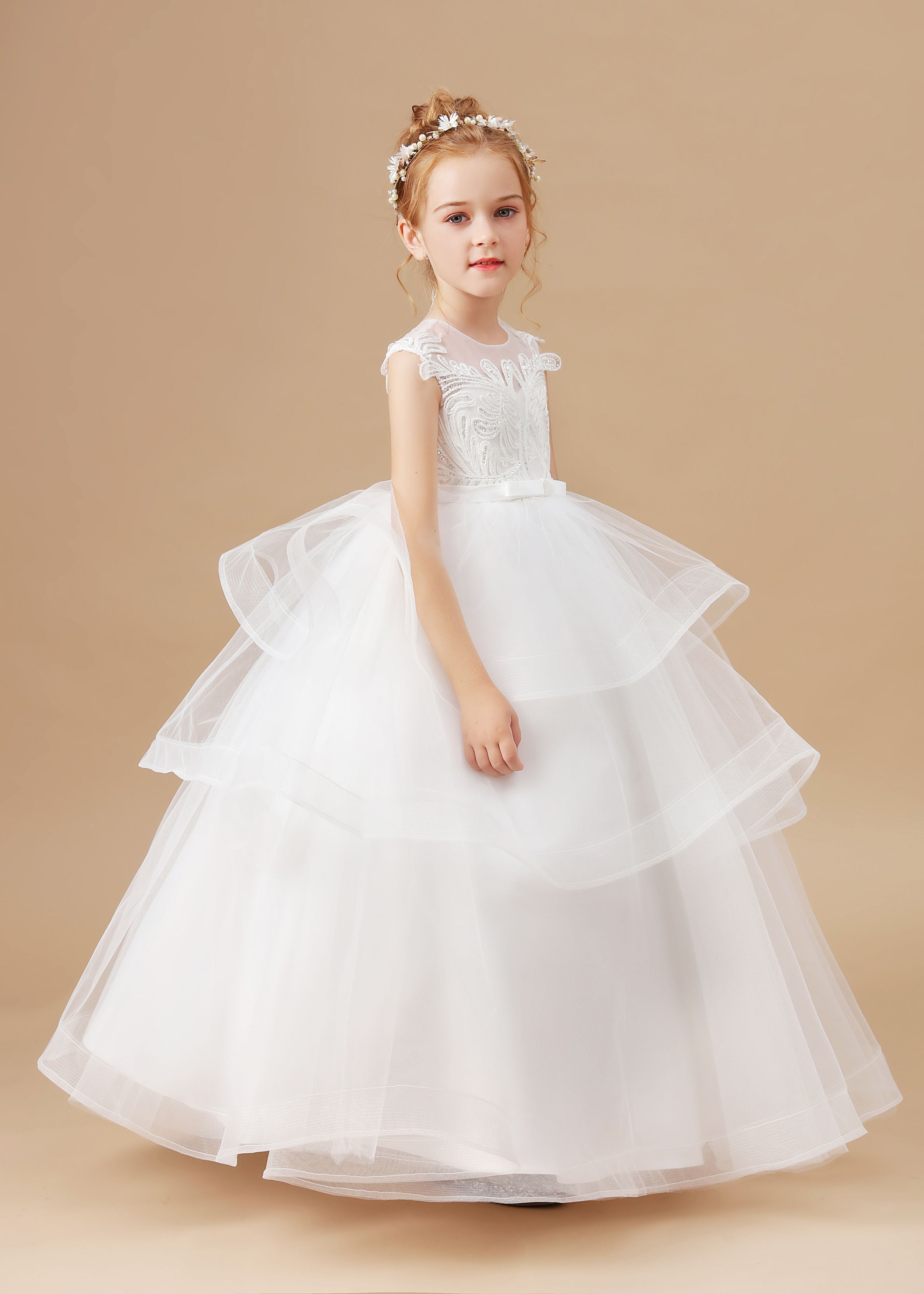 Ivory Multi-layered Tulle Ruffled Satin Flower Girl Dresses With Bow