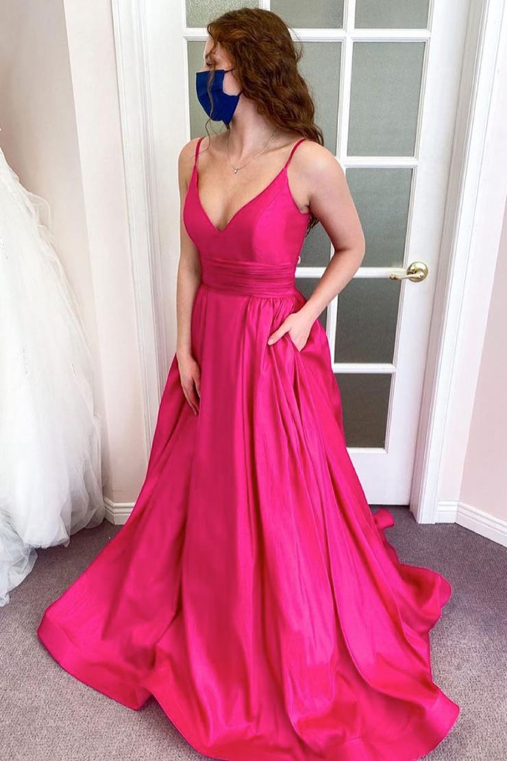 Simple Pink Sleeveless V Neck Satin Long Prom Dress