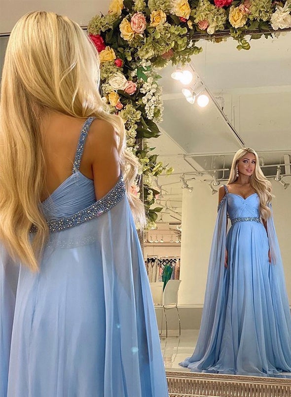 Blue A Line Beading Evening Dresses Chiffon Long Prom Dresses