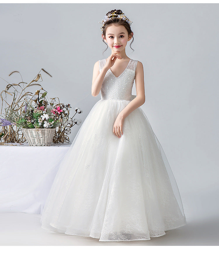 White V-Neck Sleeveless Mesh Flower Girl Dresses