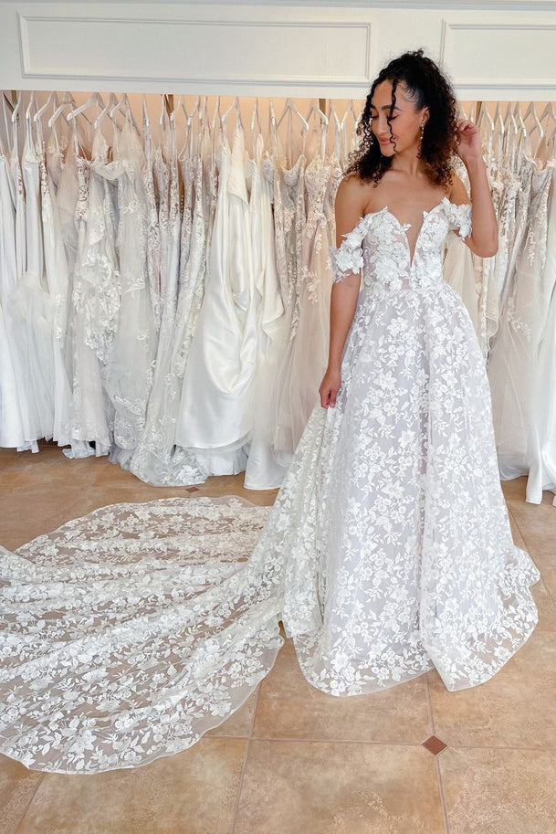 Cute A Line Sweetheart Off the Shoulder Lace Wedding Dresses