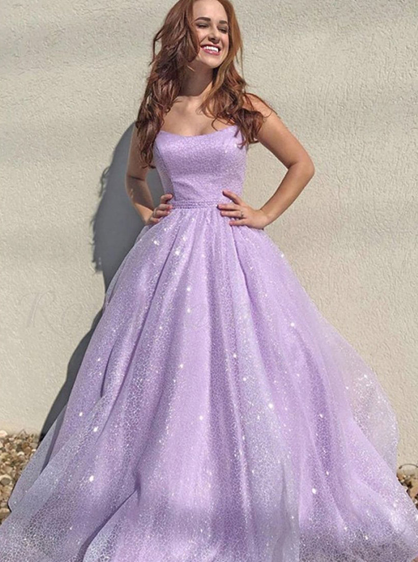 Lilac Sleeveless A Line Sequins Long Prom Dress PD1106