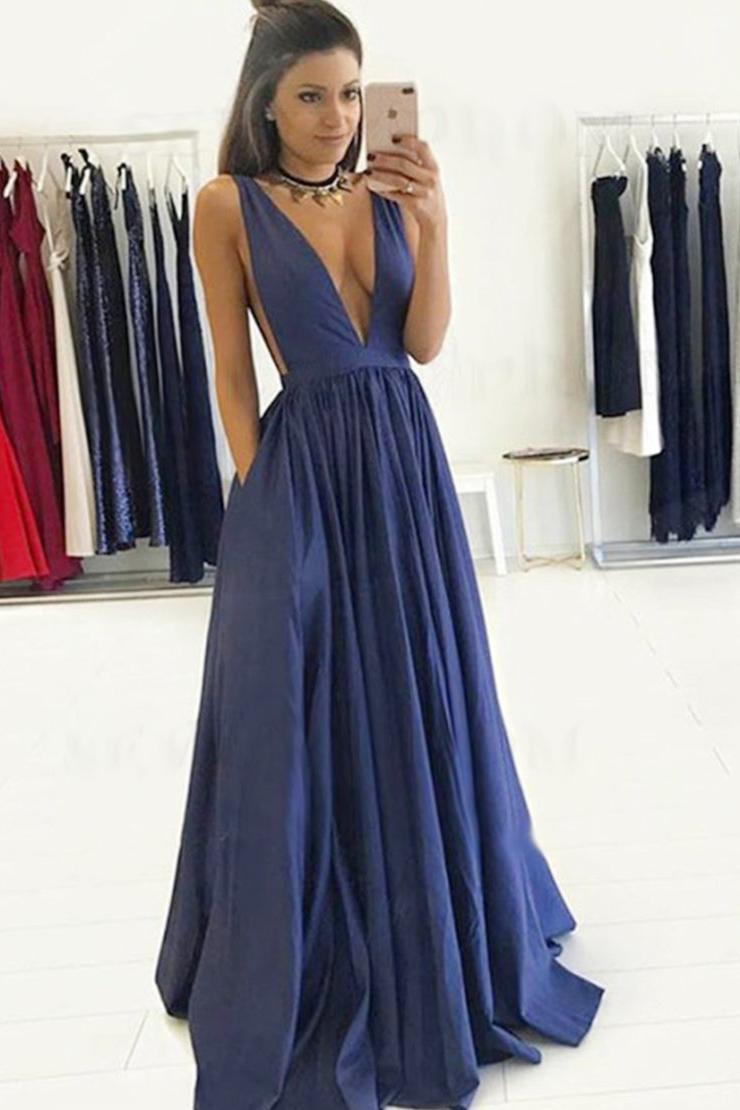 Simple Deep V-Neck Open Back Long Blue Prom Dress PD1118