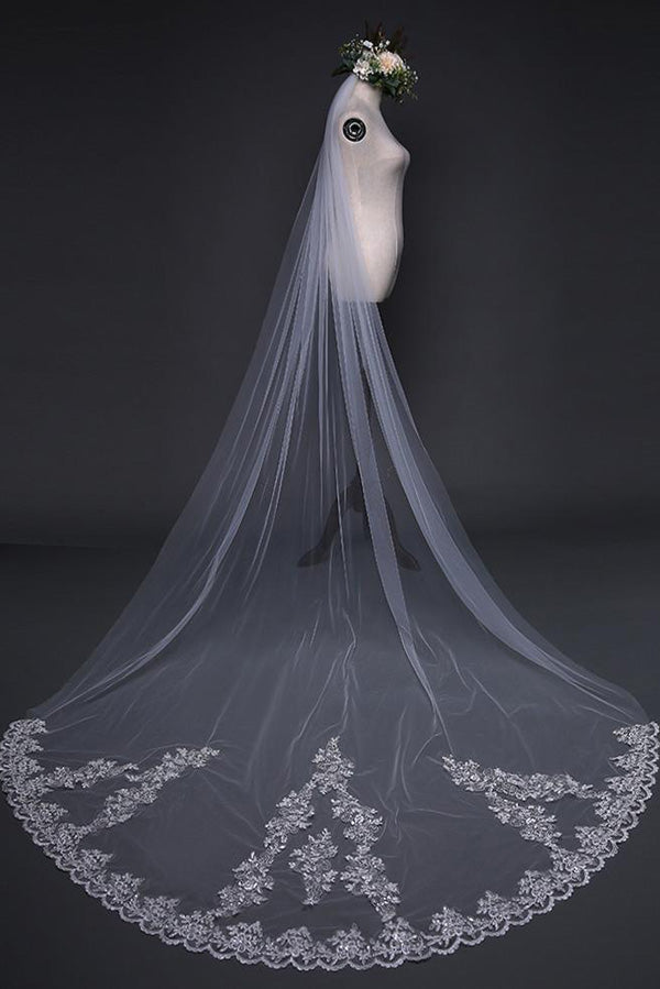 Beautiful Lace Appliques Tulle Long Wedding Veil V36 - Ombreprom