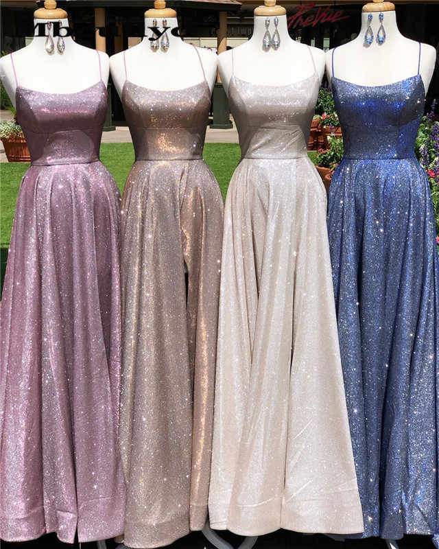 A-Line Sparkle Split Backless Evening Dresses Long Prom Dresses With Pocket