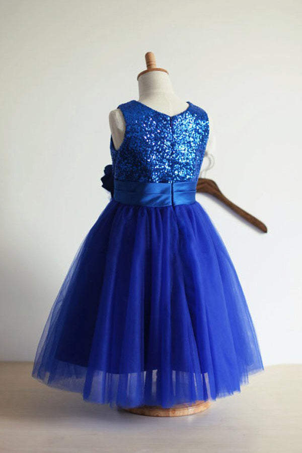 Blue A Line Floor Length Scoop Neck Sleeveless Sequins Flower Girl Dresses,Baby Dress F35 - Ombreprom