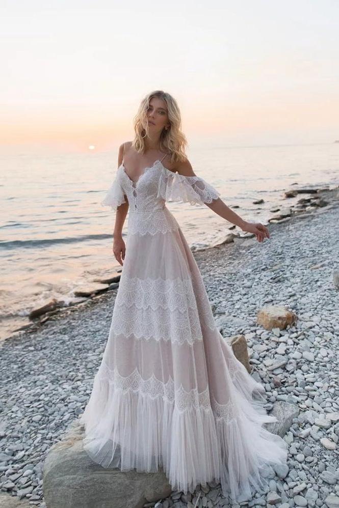 Bohemia Charming Long Lace Beach Wedding Dresses Y0111