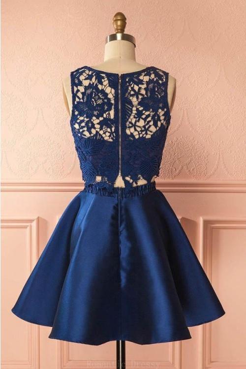 Impressive Two Piece Lace Round Neck With Appliques Homecoming Dresses