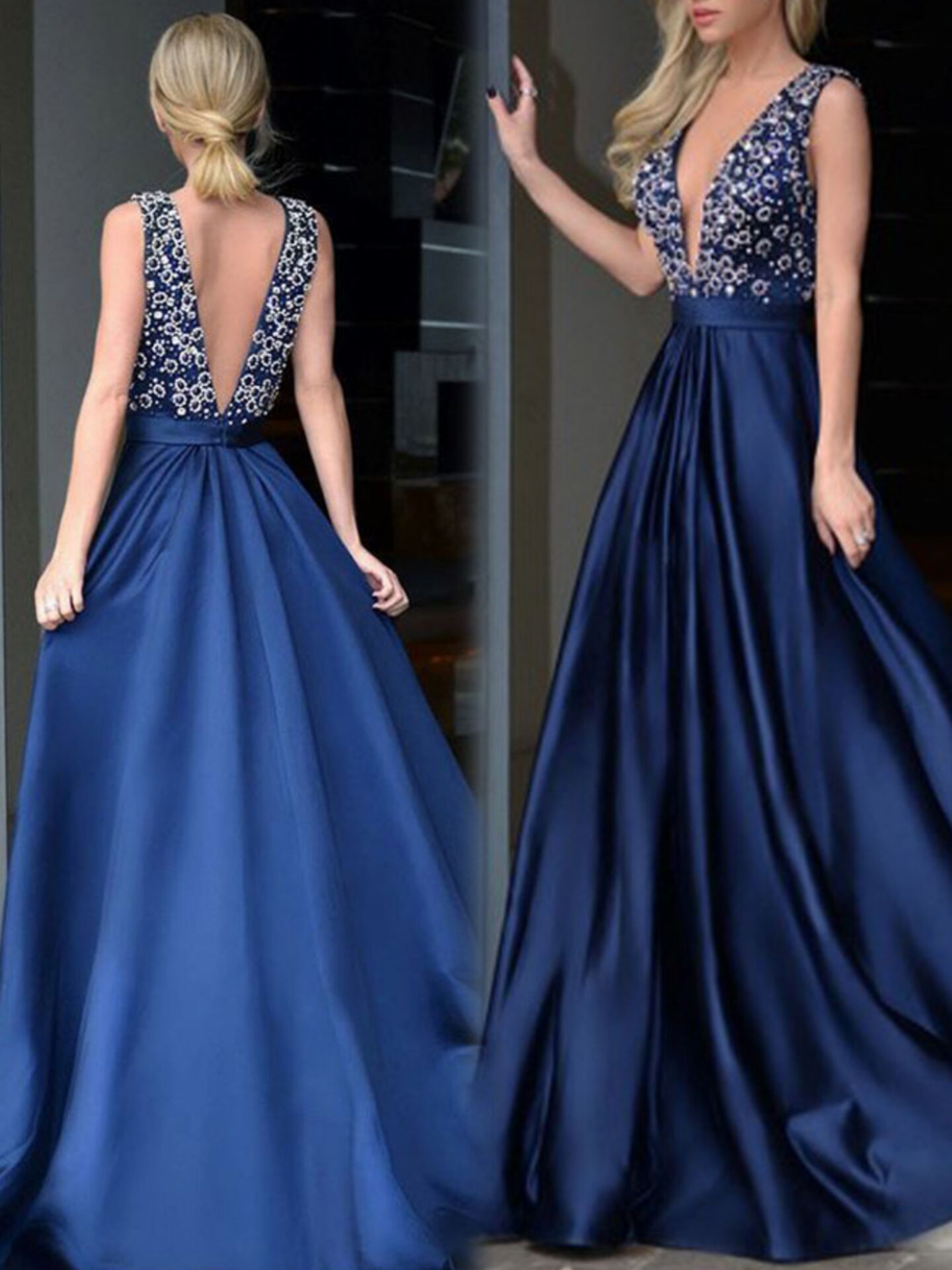 Sexy V Neck Floor Length V Back Beading Prom Dresses