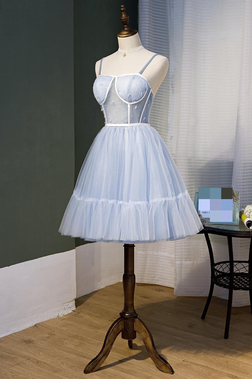 Sky Blue Beaded Lace Up Ball Gown Tulle Homecoming Dresses