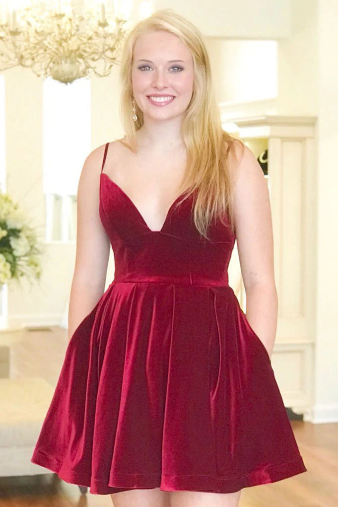 A- Line Burgundy Spaghetti Straps V-Neck Velvet Short Homecoming Dress