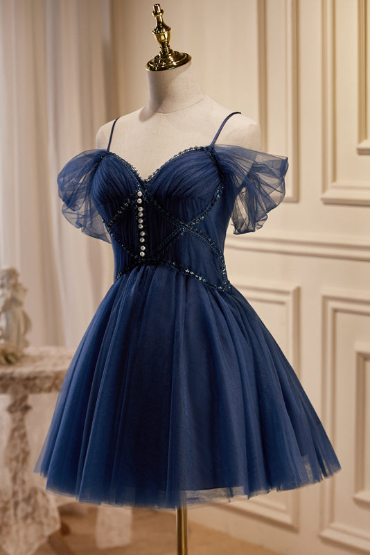 Dark Navy Spaghetti Straps V Neck Tulle Short Homecoming Dresses