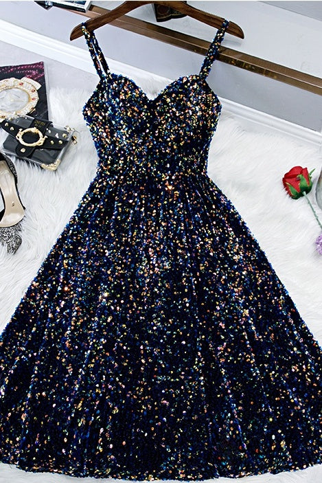 Glitter Spaghetti Straps Cute Short Prom Dresses Tight Tea Length Homecoming Dresses