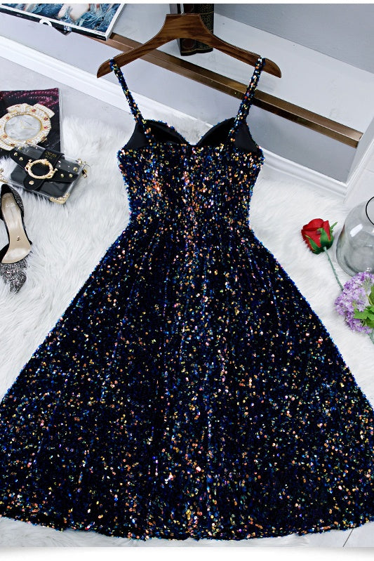 Glitter Spaghetti Straps Cute Short Prom Dresses Tight Tea Length Homecoming Dresses