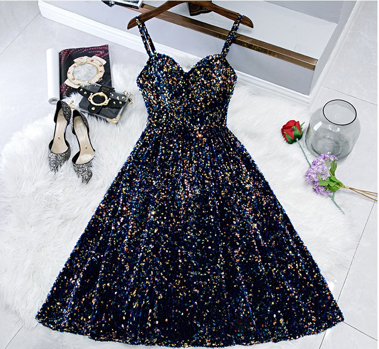 Glitter Spaghetti Straps Cute Short Prom Dresses Tight Tea Length Homecoming Dresses