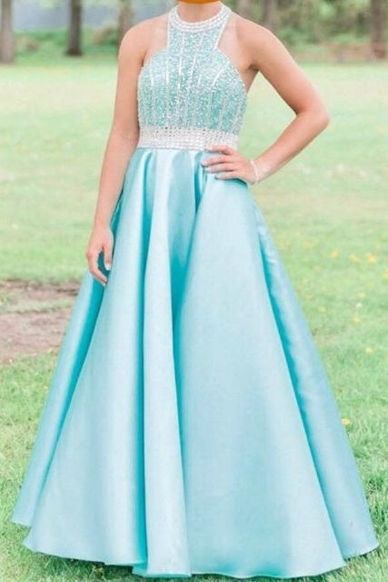 Pretty Halter Beading Backless Long Satin Floor Length Prom Dresses