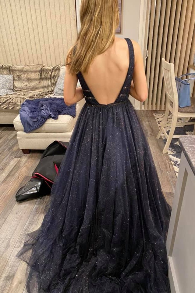 Backless Deep V-neck Glitter Long A-line Zipper Back Prom Dresses