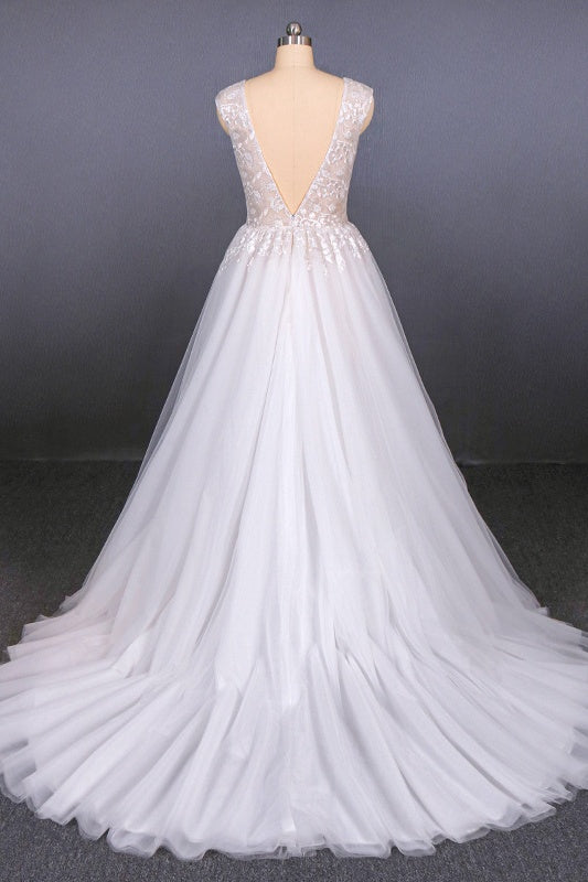 Flowy A-line Long V-neck Lace Tulle Beach Wedding Dresses Bridal Gowns