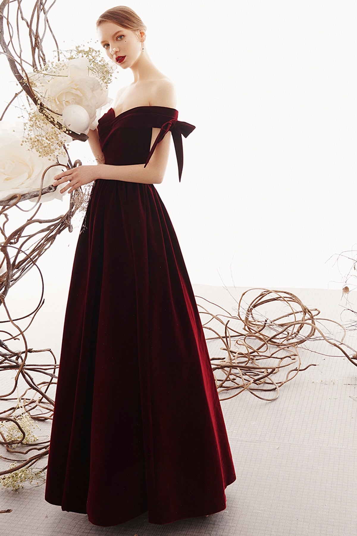 Charming Off The Shoulder Long A-line Burgundy Velvet Bridesmaid Dresses