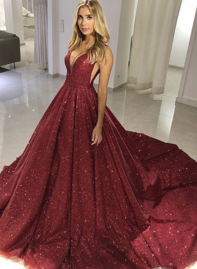 Sparkly Tight Long Ball Gown Sequin Shiny Burgundy Princess Quinceanera Dresses