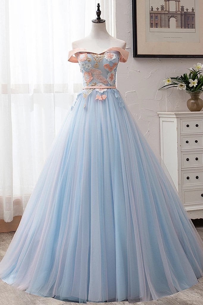 Newest Off The Shoulder Light Blue And Pink Long Elegant Ball Gown Prom Dresses Princess Dresses