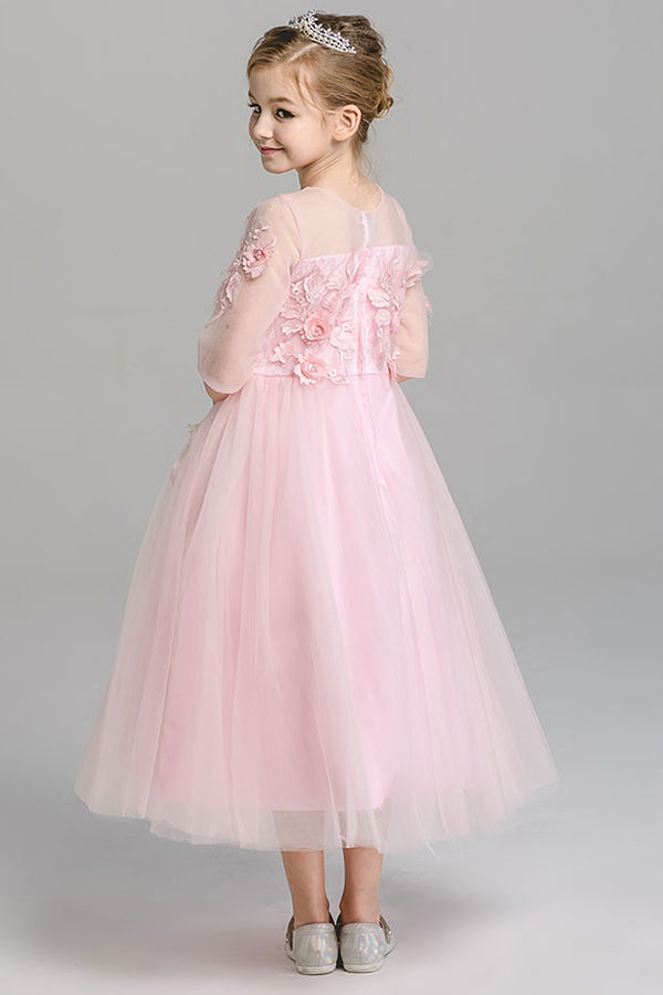 A Line Round Neck 3/4 Sleeves With Appliques Tea Length Flower Girl Dresses F90 - Ombreprom