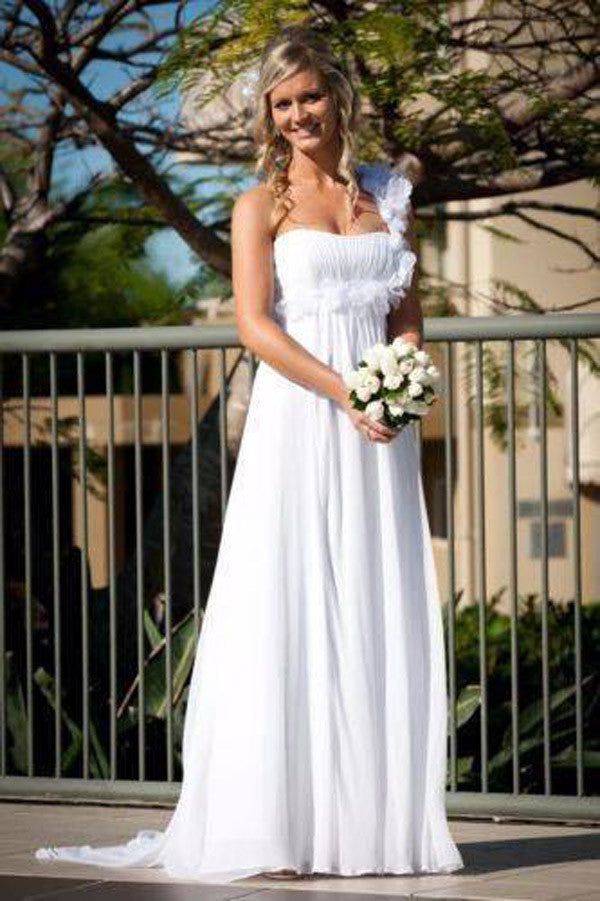 Simple One Shoulder Sheath Wedding Gowns,Floor Length Floral Mid Back Wedding Dress