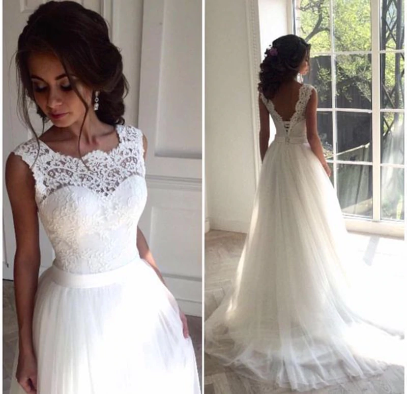 Charming Ivory Tulle Lace Up A-line Sweep Train Wedding Dresses