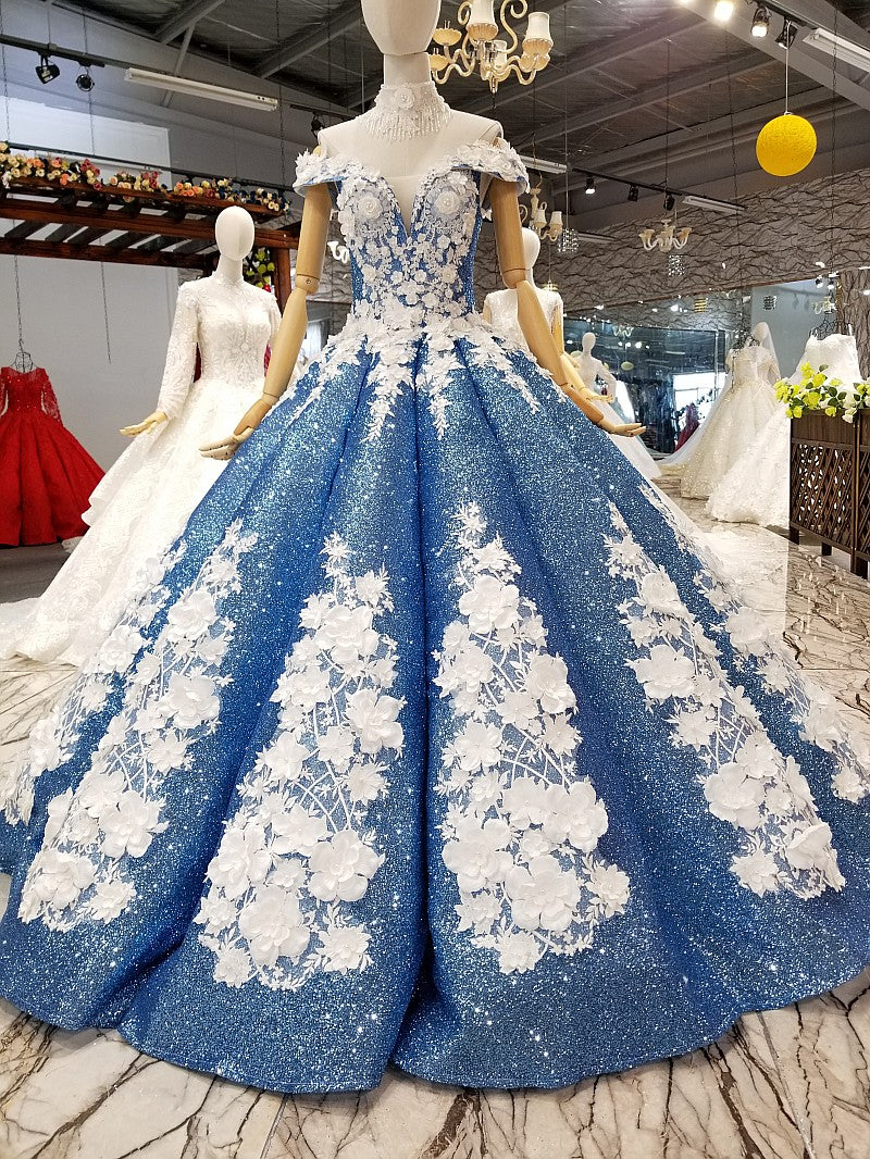 Glitter Blue Off The Shoulder Lace Up Long Ball Gown Wedding Dresses Princess Dresses