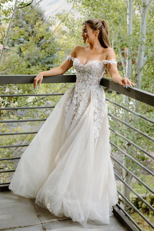 Fairy A Line Off the Shoulder Appliques Long Wedding Dresses