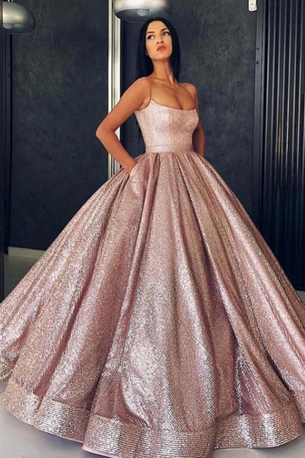 Sparkly Spaghetti Straps Sleeveless A Line Ball Gown Prom Dresses With Pocket