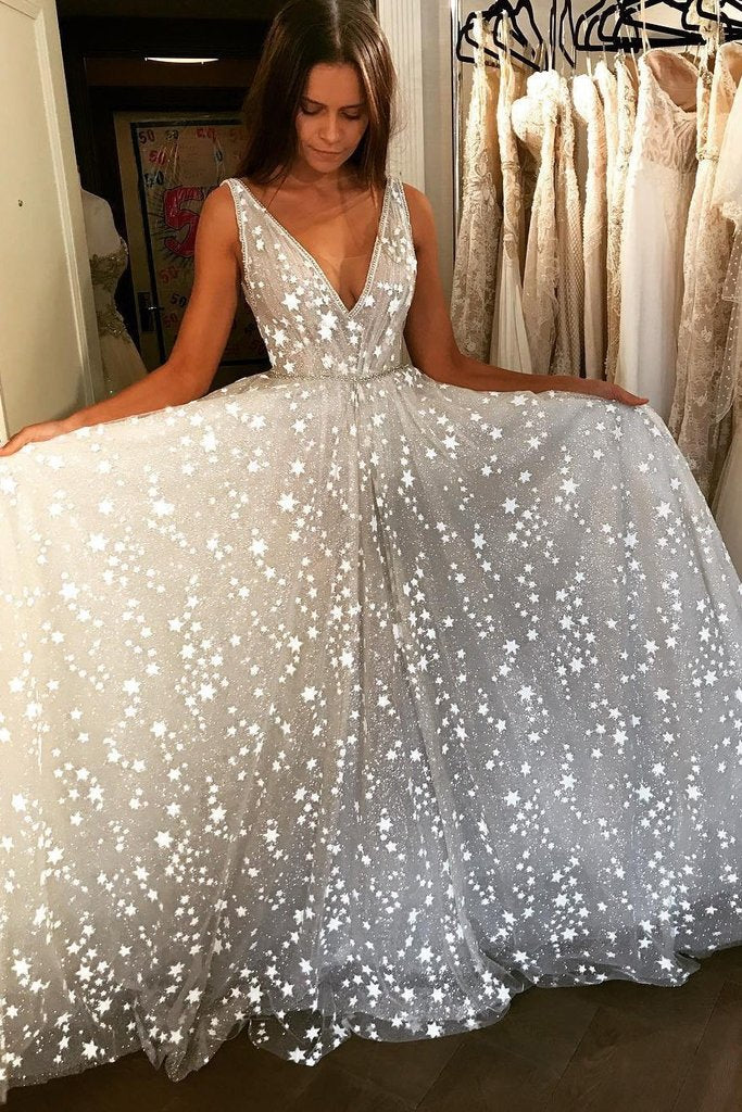 White V Neck Sleeveless Glitter Sparkly Long  Floor Length Prom Dresses