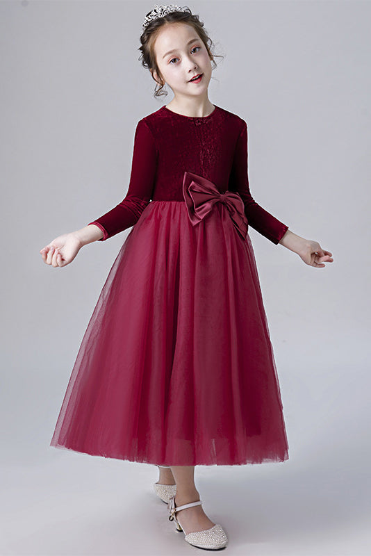 A Line Burgundy Long Sleeves Tulle Flower Girl Dresses