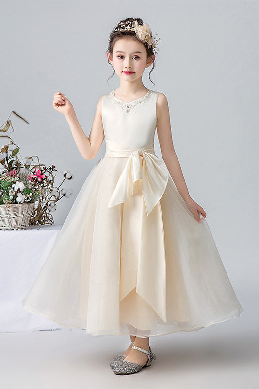 A Line Ivory Sleeveless Tulle Beaded Flower Girl Dresses