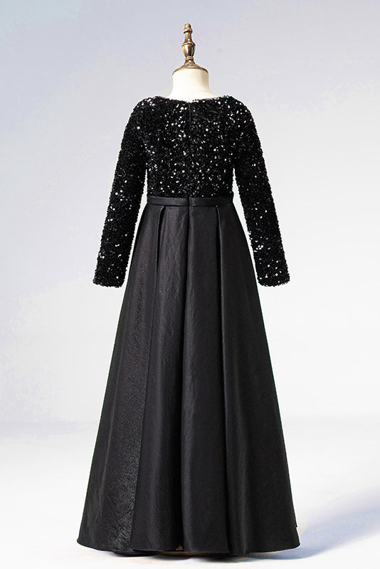 A Line Black Long Sleeves Beaded Flower Girl Dresses