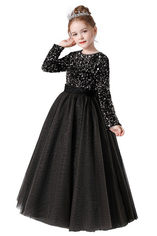 Black Tulle Long Sleeve Floor Length Flower Girl Dresses With Sequins