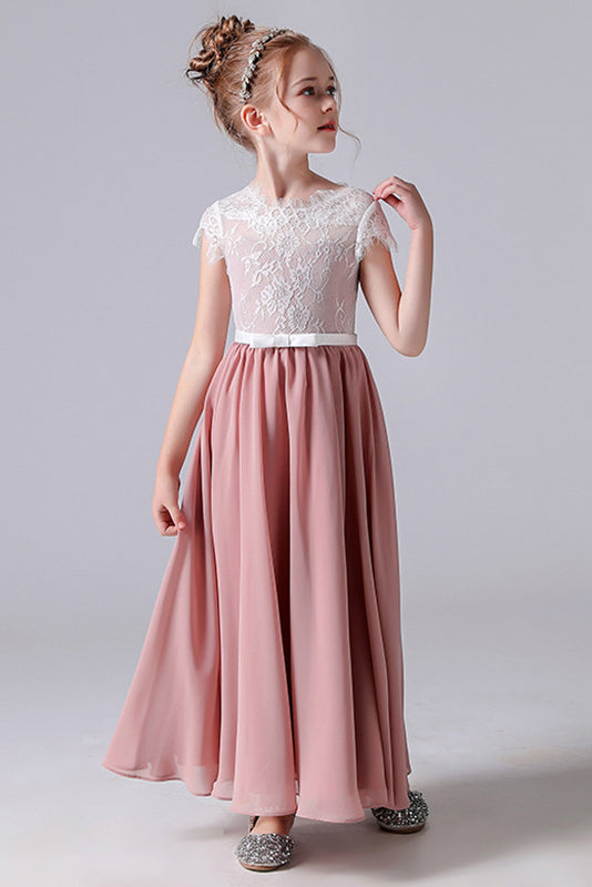 A Line Cap Sleeve Lace Appliques Chiffon Flower Girl Dresses