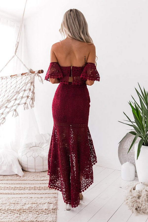 Burgundy Two Piece High Low Off-the-Shoulder Mermaid Lace Homecoming Dresses M312 - Ombreprom