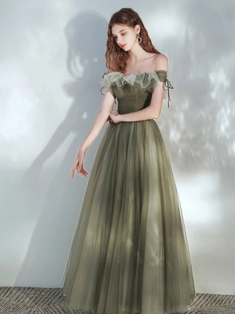 Off the Shoulder A Line Tulle Floor Length Green Elegant Fairy Dresses Prom Dresses