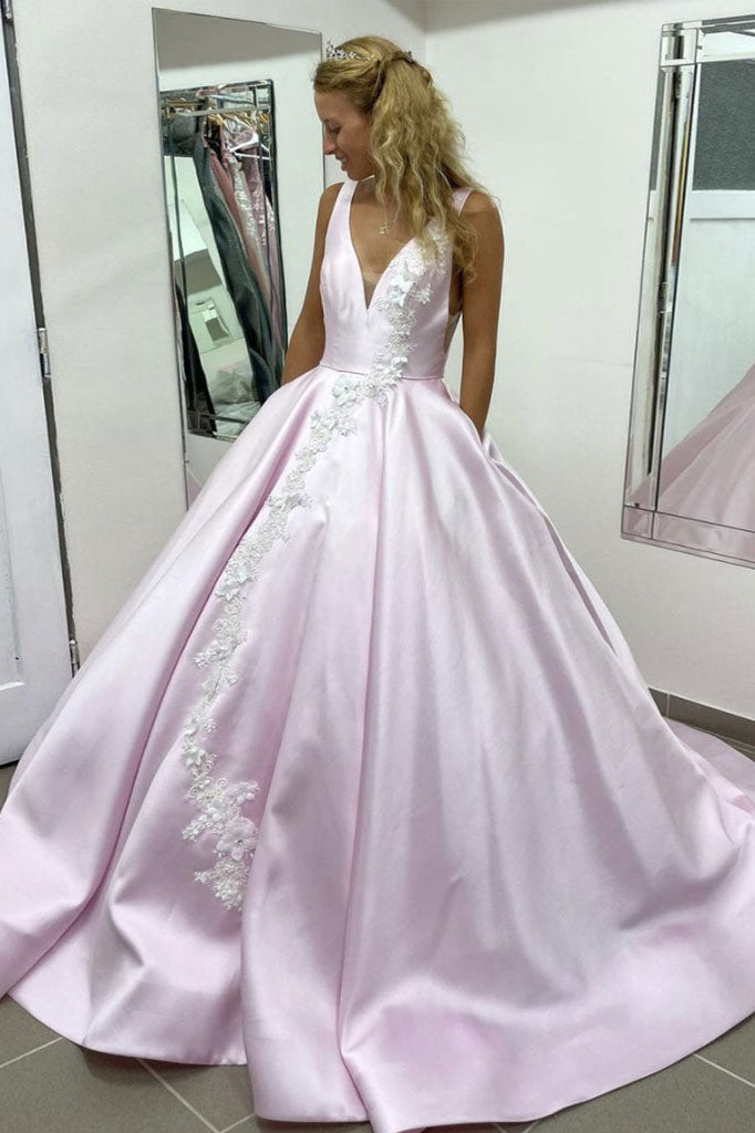 Light Pink Satin V Neck Ball Gown Long Lace Appliques Evening Dresses Prom Dresses