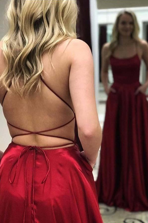 Casual Red Simple Spaghetti Straps Backless Sweep Train Backless Prom Dresses With Pockets